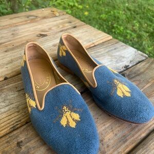 Stubbs & Wootton Blue and Yellow Loafers with Embroidered Detail